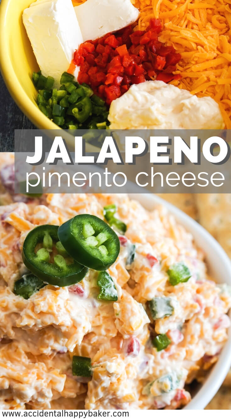 Jalapeno pimento cheese brings the flavor in this quick and easy appetizer. Sharp cheddar, cream cheese, mayo and pimentos are kicked up a notch with the addition of fresh jalapeno peppers. #pimentocheese #appetizer #jalapeno #cheese #accidentalhappybaker