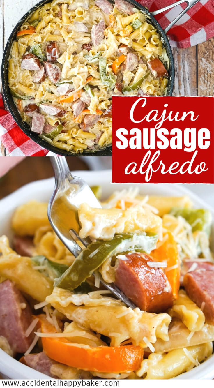 Cajun Sausage Alfredo is a cheap weeknight dinner. It’s quick and easy to make. It only takes about 15 minutes and uses 8 ingredients, 9 if you like a little extra spice. And it tastes amazing! #easyweeknightdinner #pasta #alfredo #sausage #cajunsausagealfredo #accidentalhappybaker