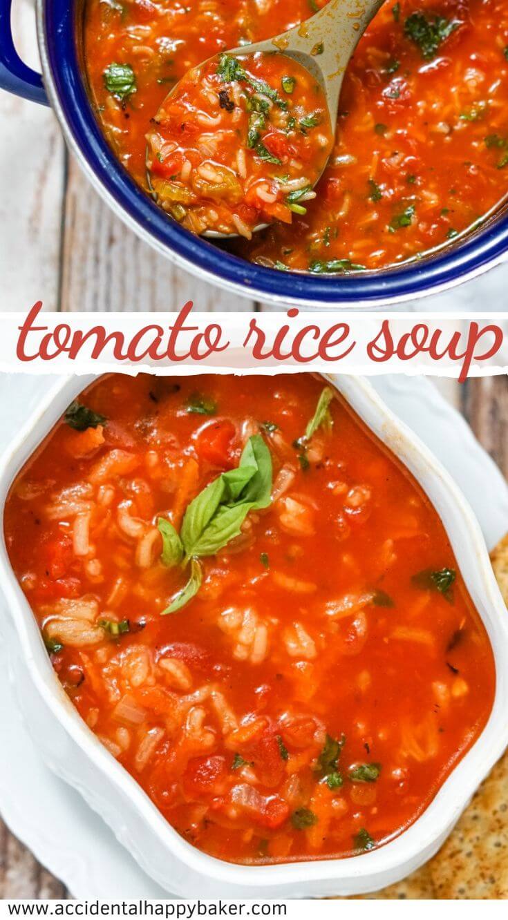 Tomato Rice Soup is full of veggies, rice, herbs and, of course, tomatoes! This easy and budget friendly tomato soup makes a great light lunch or dinner and is perfect for meatless meals. #tomatosoup #tomatoricesoup #meatlessmeal #accidentalhappybaker
