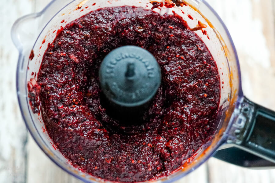 The blackberry mixture after it is pureed in the food processor. 