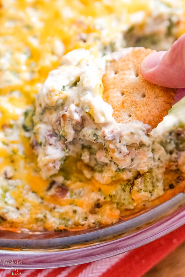 A cracker scooping up a bite of cheesy bacon and broccoli dip. 