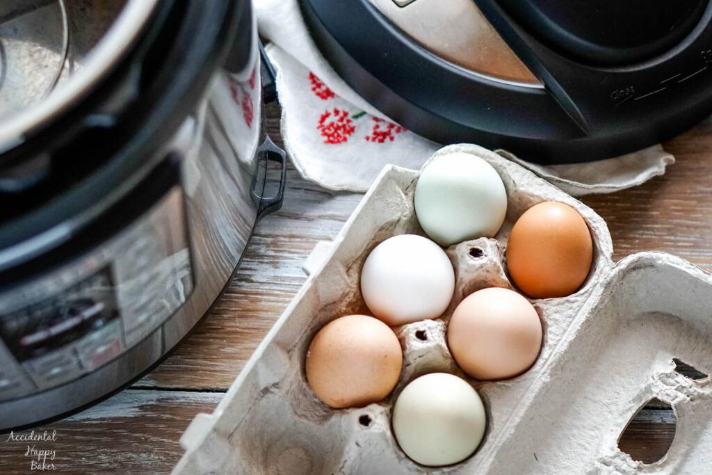 A carton of colorful farm eggs next to an instant pot. 